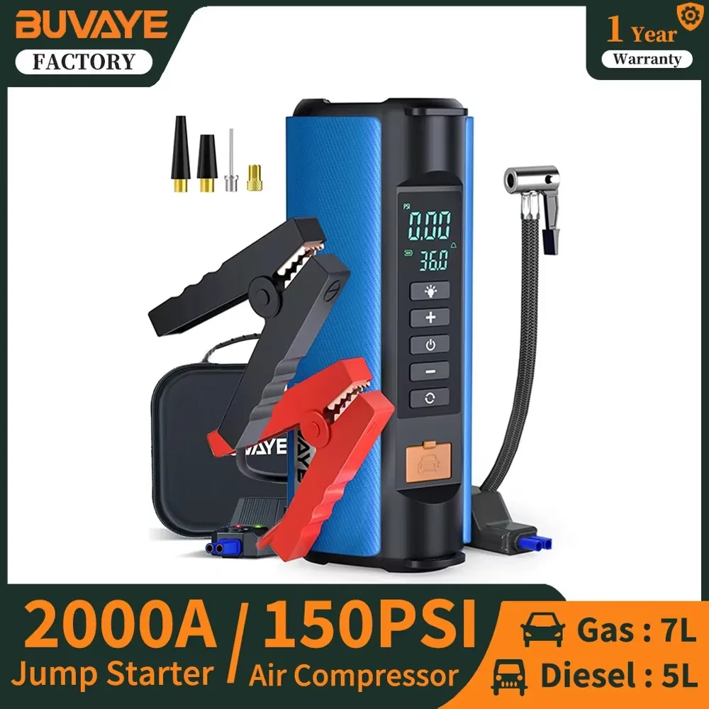 BUVAYE car Jump Starter Air Compressor with Power Bank 1500A Peak Battery Booster 150PSI Electric Pump
BUVAYE car Jump Starter Air Compressor with Power Bank 1500A Peak Battery Booster 150PSI Electric Pump