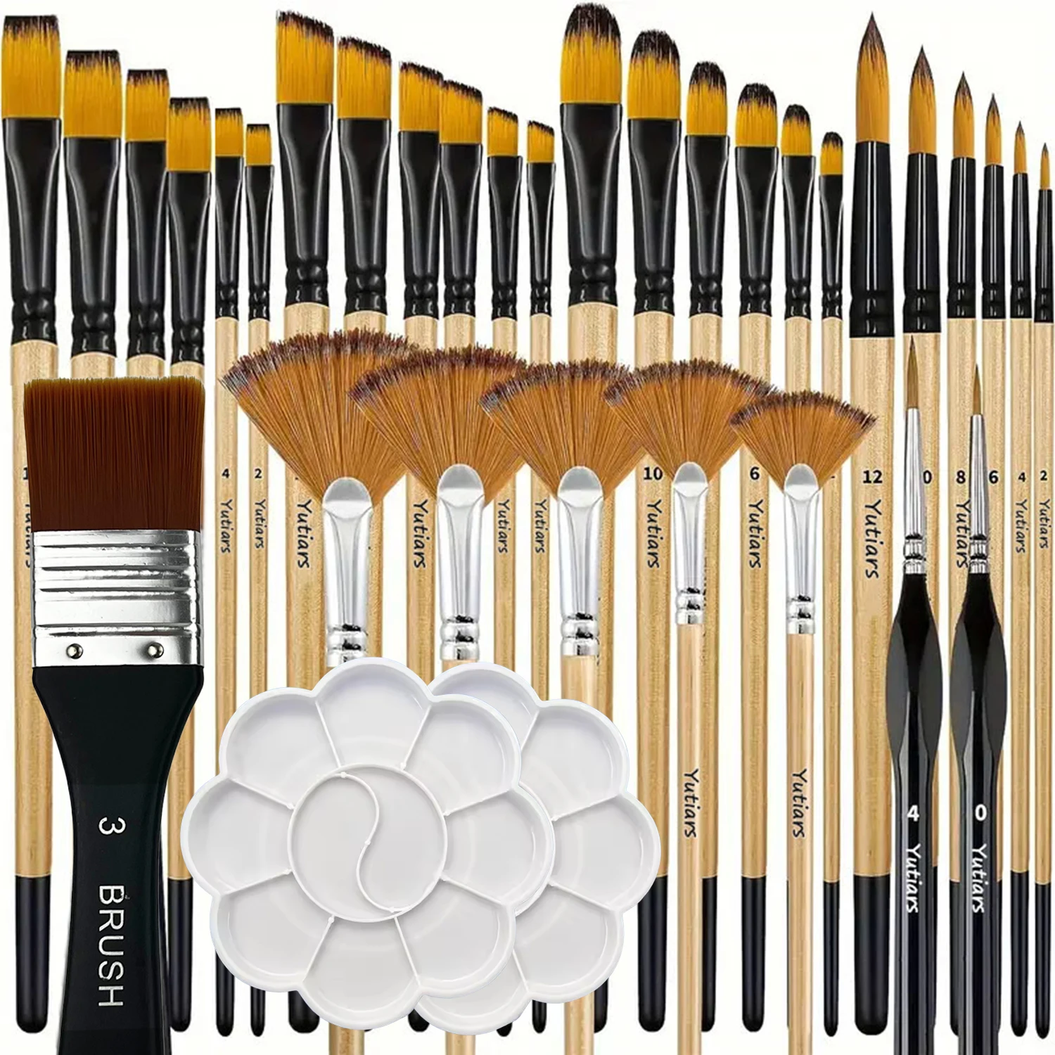 32Pcs Yutiars Paint Brush Set with 2 Palettes Artist Series Nylon Bristles Round Flat Fan Angle Detail Brushes for Art Painting
32Pcs Yutiars Paint Brush Set with 2 Palettes Artist Series Nylon Bristles Round Flat Fan Angle Detail Brushes for Art Painting
