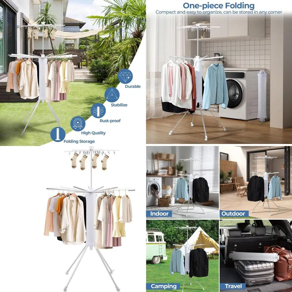 Portable 4-Legged Collapsible Clothes Drying Rack with Wheels and Aluminum Bars, 360° Rotation for Indoor/Outdoor Use, 2-Tier De
Portable 4-Legged Collapsible Clothes Drying Rack with Wheels and Aluminum Bars, 360° Rotation for Indoor/Outdoor Use, 2-Tier De