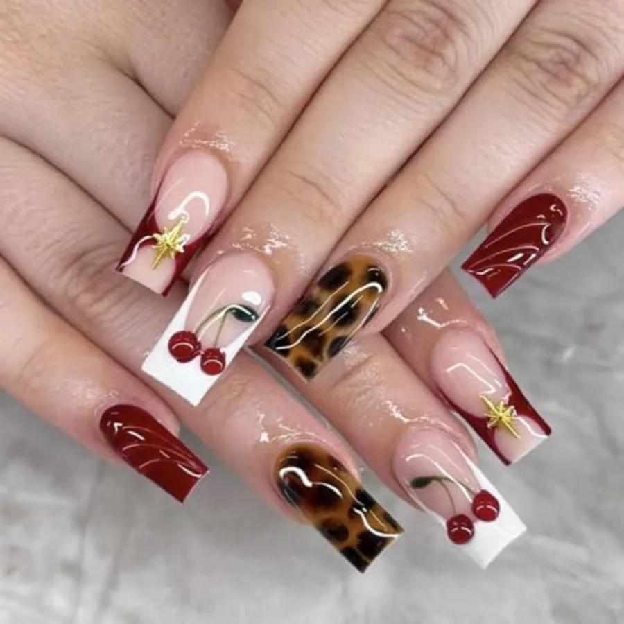 Medium Square Press on Nails Brown Leopard Print and Red Fake Nails 3D Cherry Artificial Nail Party Acrylic Stick on Nail for W
Medium Square Press on Nails Brown Leopard Print and Red Fake Nails 3D Cherry Artificial Nail Party Acrylic Stick on Nail for W