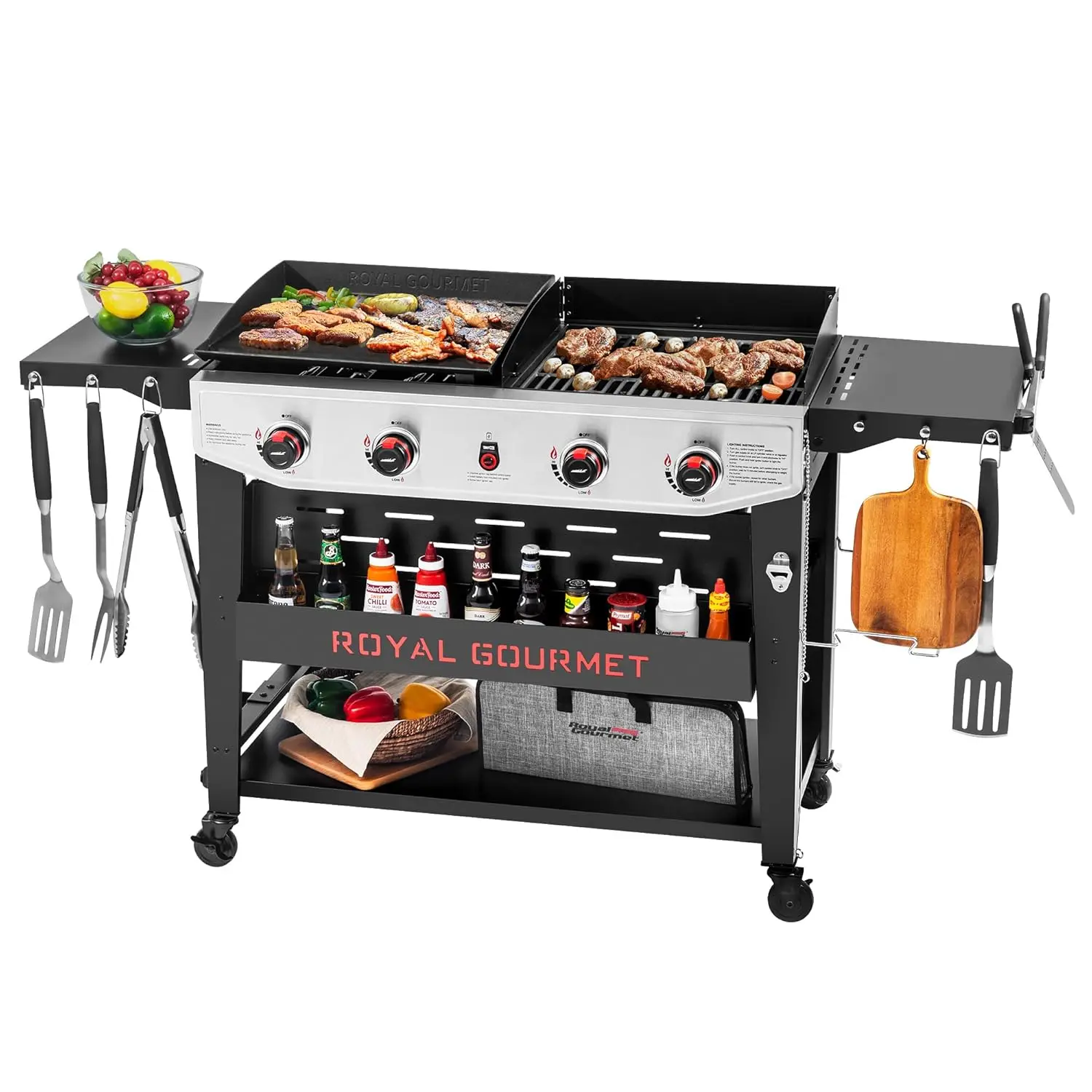 4-Burner Propane Gas Grill and Griddle Combo with Side Table, Porcelain-enameled Cast Iron Grates & Ceramic-coated, Customized
4-Burner Propane Gas Grill and Griddle Combo with Side Table, Porcelain-enameled Cast Iron Grates & Ceramic-coated, Customized