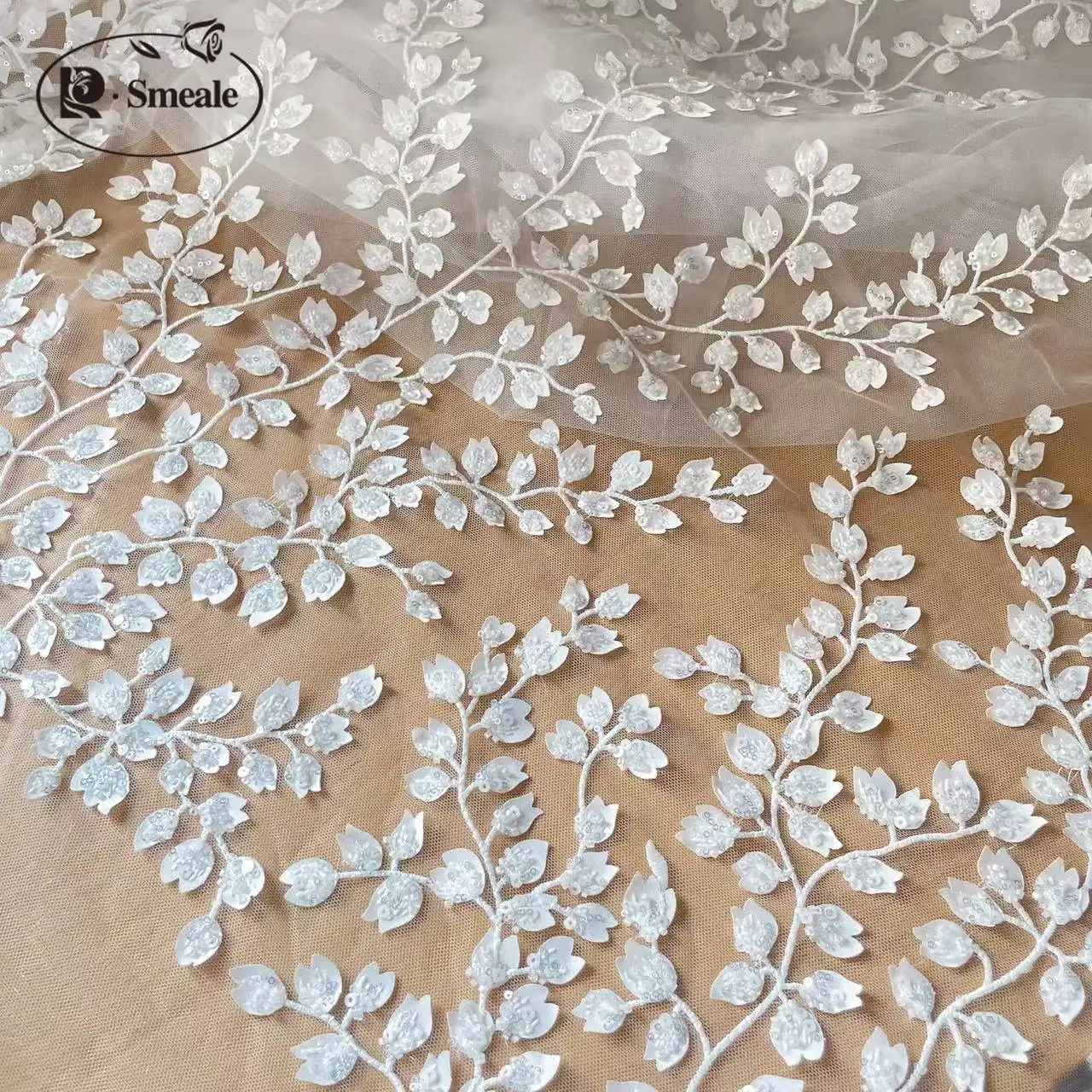 Кружевная ткань для свадебного платья с цветами и листьями, шифоновая кружевная ткань с 3D цветами и бусинами RS24460 
Кружевная ткань для свадебного платья с цветами и листьями, шифоновая кружевная ткань с 3D цветами и бусинами RS24460