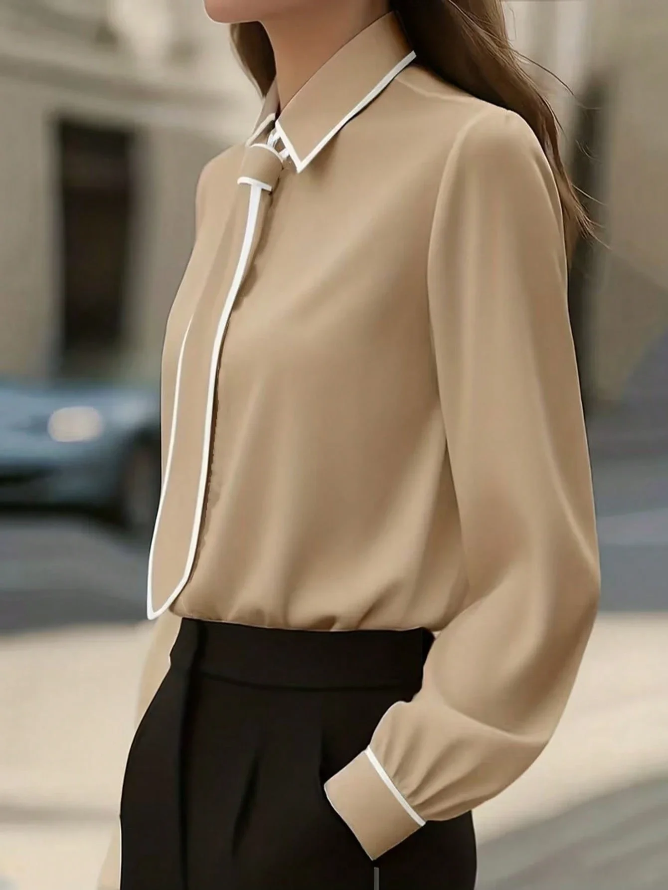 Women's Beige Long Sleeve Shirt With White Contrast Collar And Bow Tie Detail
Women's Beige Long Sleeve Shirt With White Contrast Collar And Bow Tie Detail