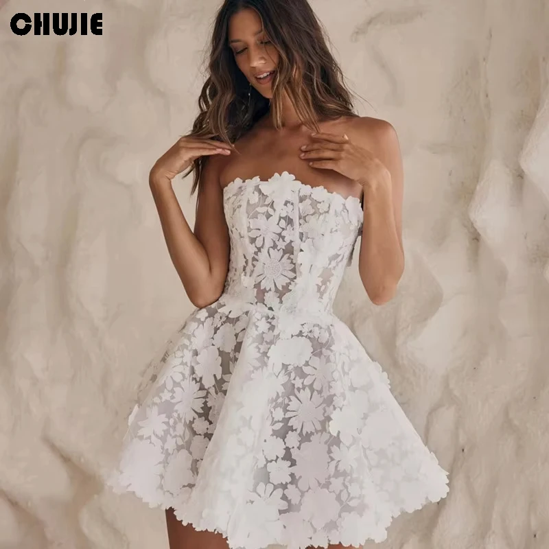 Mini Wedding Dress Strapless Short A Line Simple 3D Lace Flowers Bridal Gown Customized 2025 Hot Sale Cocakail Party Prom Dress
Mini Wedding Dress Strapless Short A Line Simple 3D Lace Flowers Bridal Gown Customized 2025 Hot Sale Cocakail Party Prom Dress