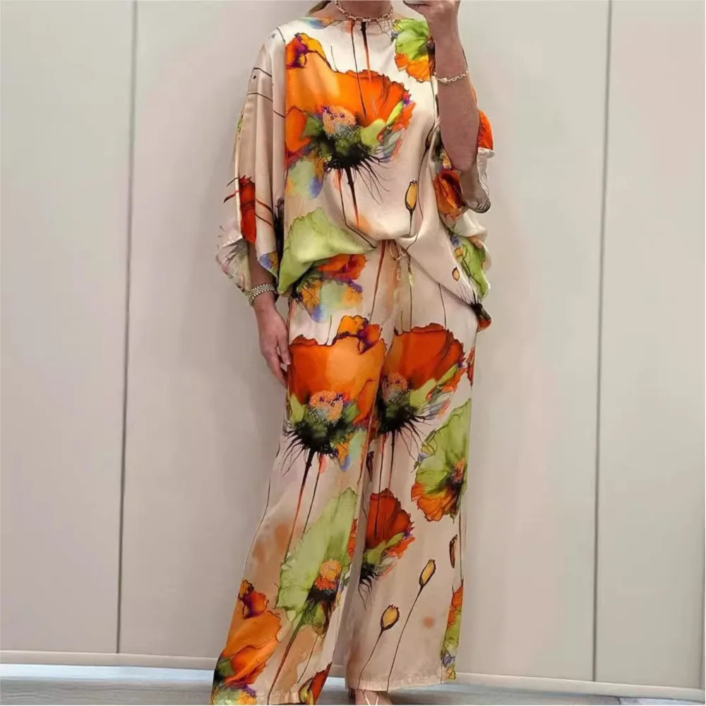 Fashion Printed Bat Sleeve Loose Satin For Women's Suit Spring Autumn New Simple Elegant Wide Leg Pants Pocket Female 2piece Set
Fashion Printed Bat Sleeve Loose Satin For Women's Suit Spring Autumn New Simple Elegant Wide Leg Pants Pocket Female 2piece Set