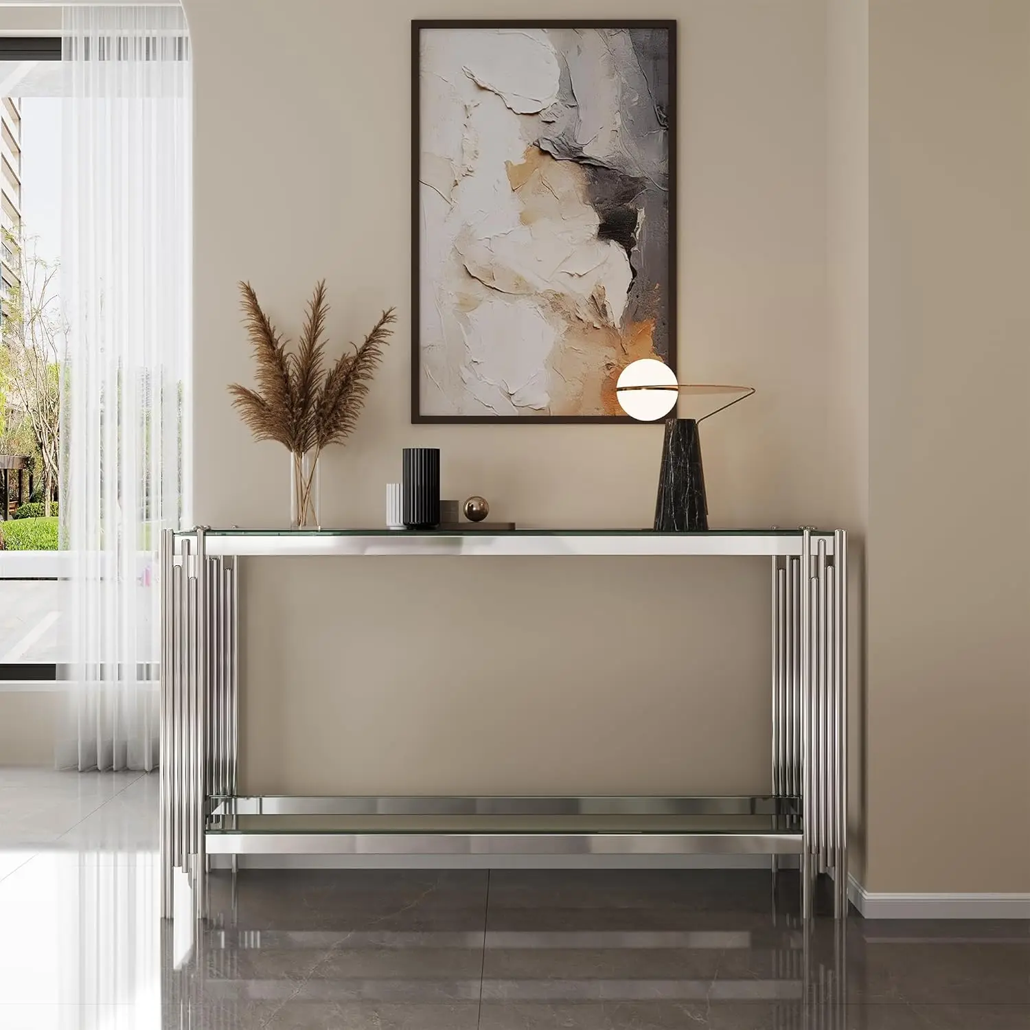 Rectangular Glass Console Table, Modern Side Sofa Table W/2 Layer Tempered Glass Living Room Table And Mirror Finished Stainl
Rectangular Glass Console Table, Modern Side Sofa Table W/2 Layer Tempered Glass Living Room Table And Mirror Finished Stainl