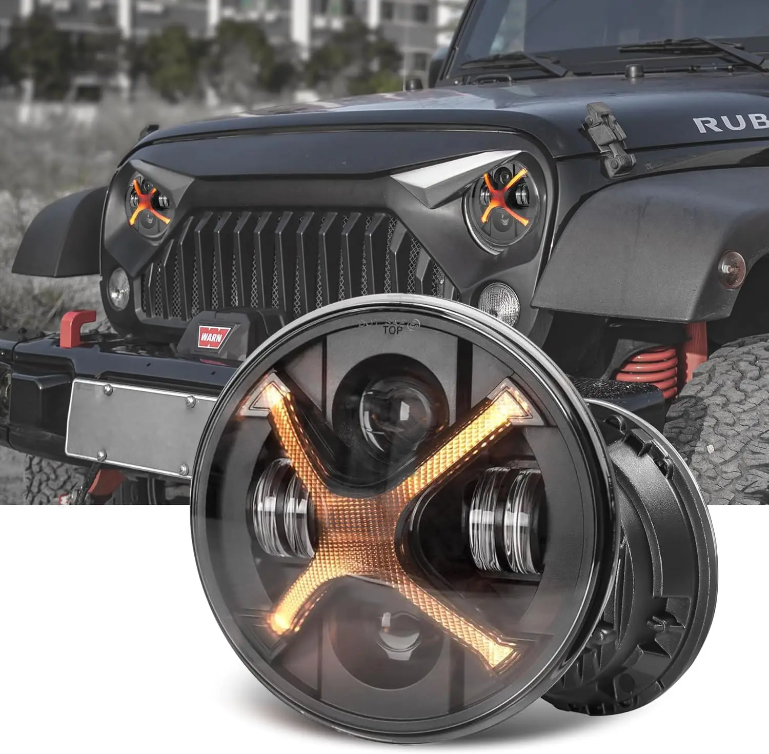 X-Type Style 7inch Led Headlight with High/Low Beam, Drl and Amber Turn Signal, High Brightness Round High and Low Beam Headlight Compatible with Wrangler Jk Tj Lj 1997-2018,
X-Type Style 7inch Led Headlight with High/Low Beam, Drl and Amber Turn Signal, High Brightness Round High and Low Beam Headlight Compatible with Wrangler Jk Tj Lj 1997-2018,
