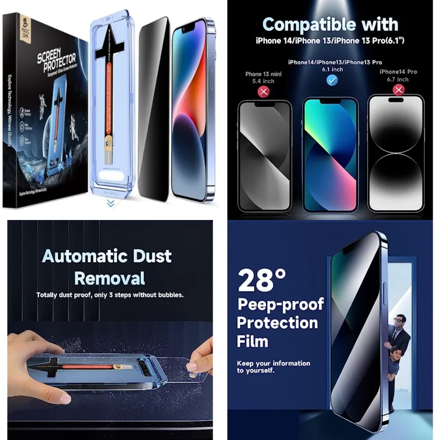 2 Pack for iPhone 13/13Pro/14/16e 6.1 inch Privacy Glass Screen Protector, Auto Dust-Elimination, Bubble Free, Easy Installatio
2 Pack for iPhone 13/13Pro/14/16e 6.1 inch Privacy Glass Screen Protector, Auto Dust-Elimination, Bubble Free, Easy Installatio