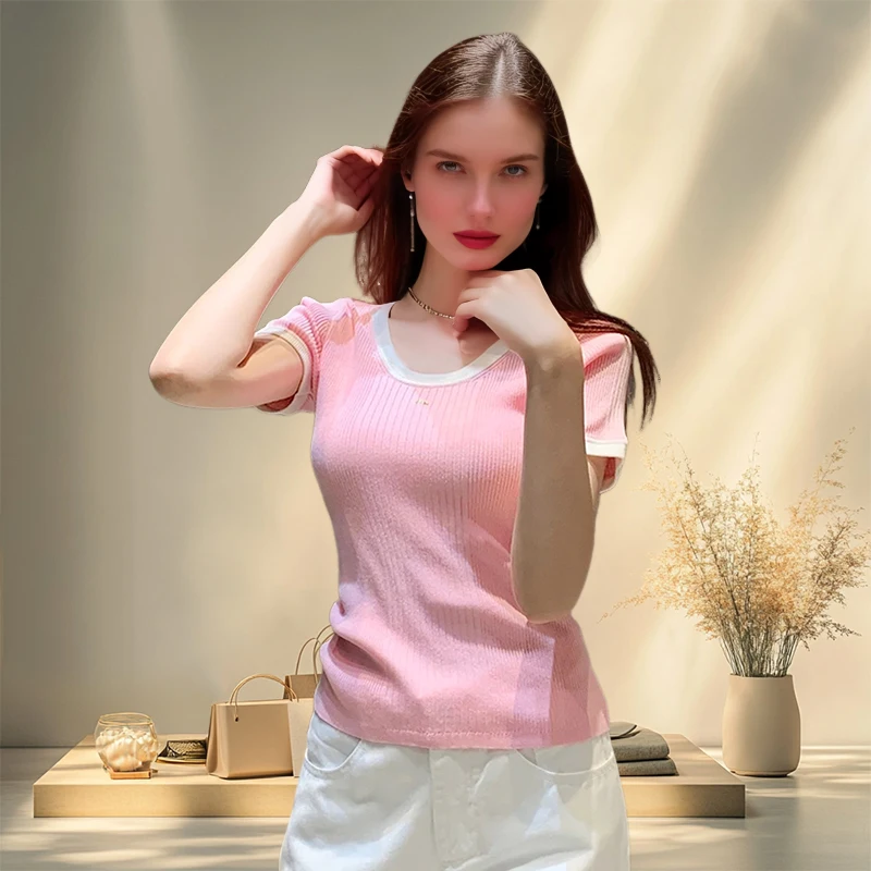 25s Spring/Summer New Pink Splicing Round Neck Short Sleeve Knitted Shirt for Women, Slim Fit Versatile T-shirt, Look Thin Top
25s Spring/Summer New Pink Splicing Round Neck Short Sleeve Knitted Shirt for Women, Slim Fit Versatile T-shirt, Look Thin Top