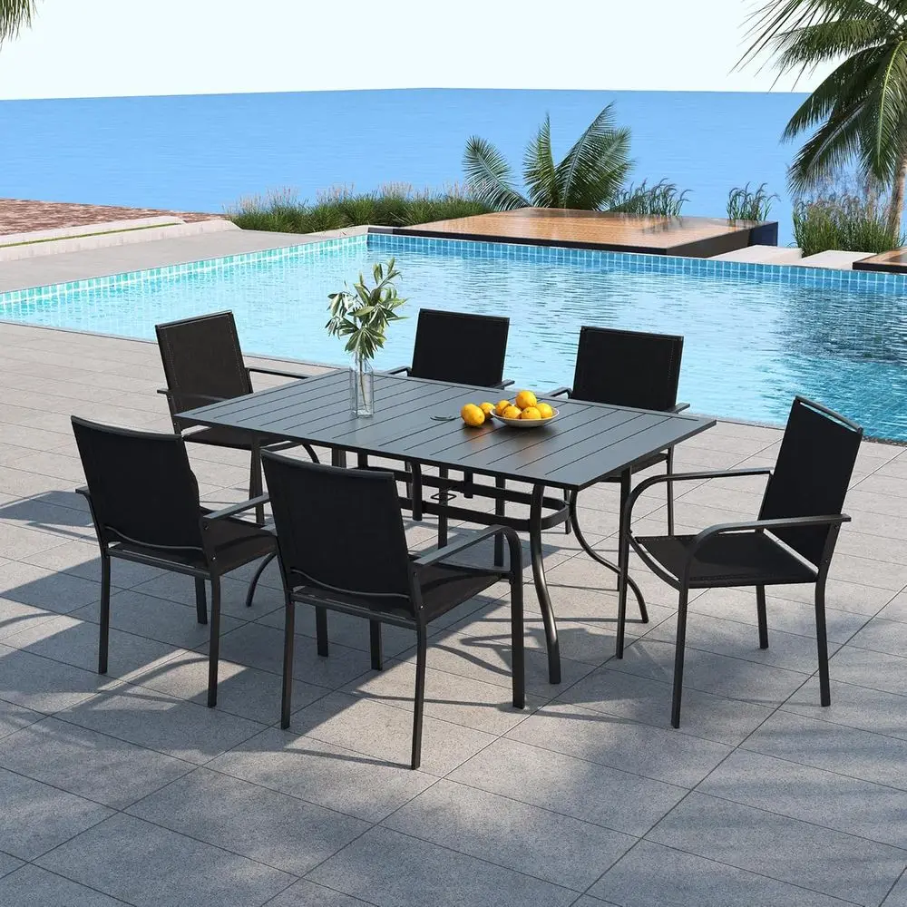 All-Weather 7pc Patio Dining Set with 6 Stackable Chairs & 63 Rectangular Table - Black
All-Weather 7pc Patio Dining Set with 6 Stackable Chairs & 63 Rectangular Table - Black