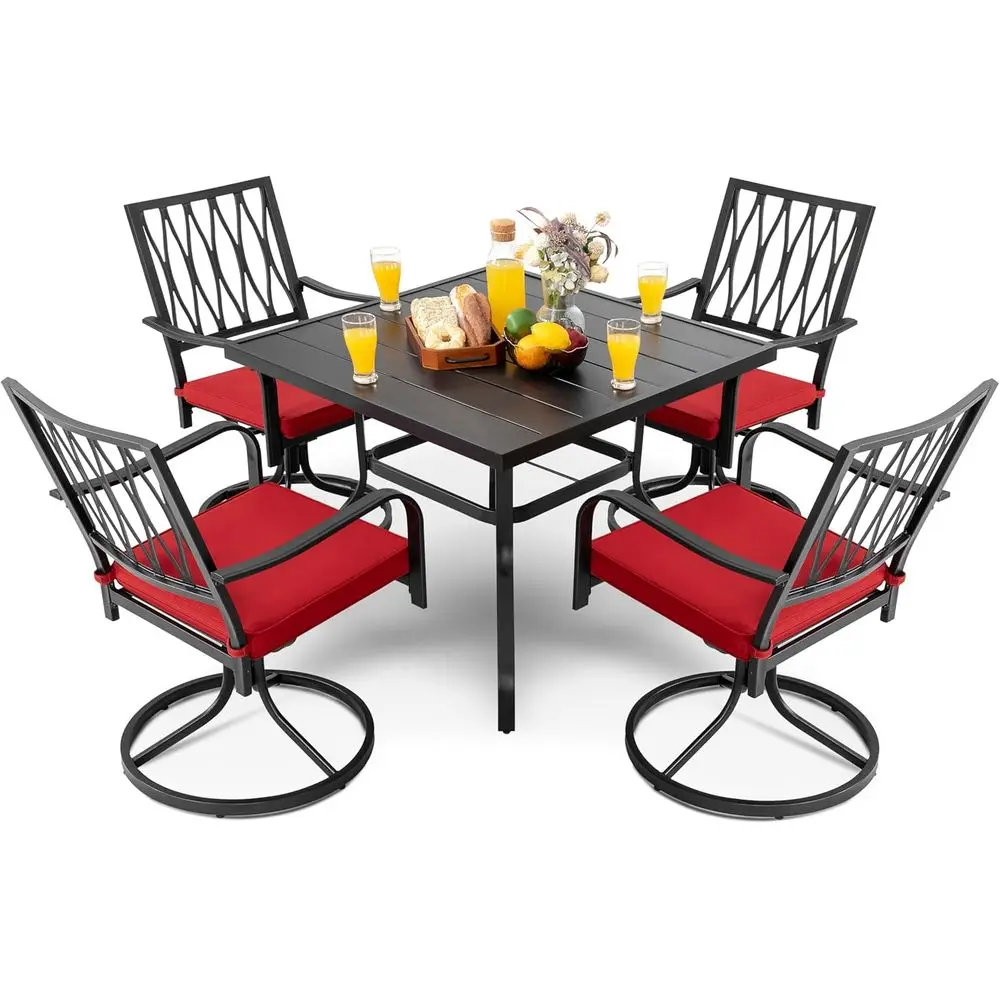 5-Piece Outdoor Dining Set with Square Iron Umbrella Table and 4 Swivel Chairs in Black & Red Cushions
5-Piece Outdoor Dining Set with Square Iron Umbrella Table and 4 Swivel Chairs in Black & Red Cushions