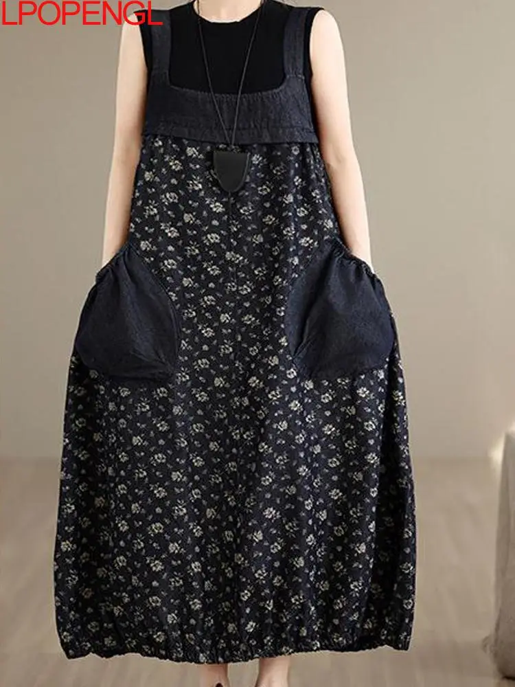 Summer Artistic Denim Printed Patch Bag Shoulder Strap Square Collar Dress Women's Doubles Pocket Pullover Medium Length Dress
Summer Artistic Denim Printed Patch Bag Shoulder Strap Square Collar Dress Women's Doubles Pocket Pullover Medium Length Dress