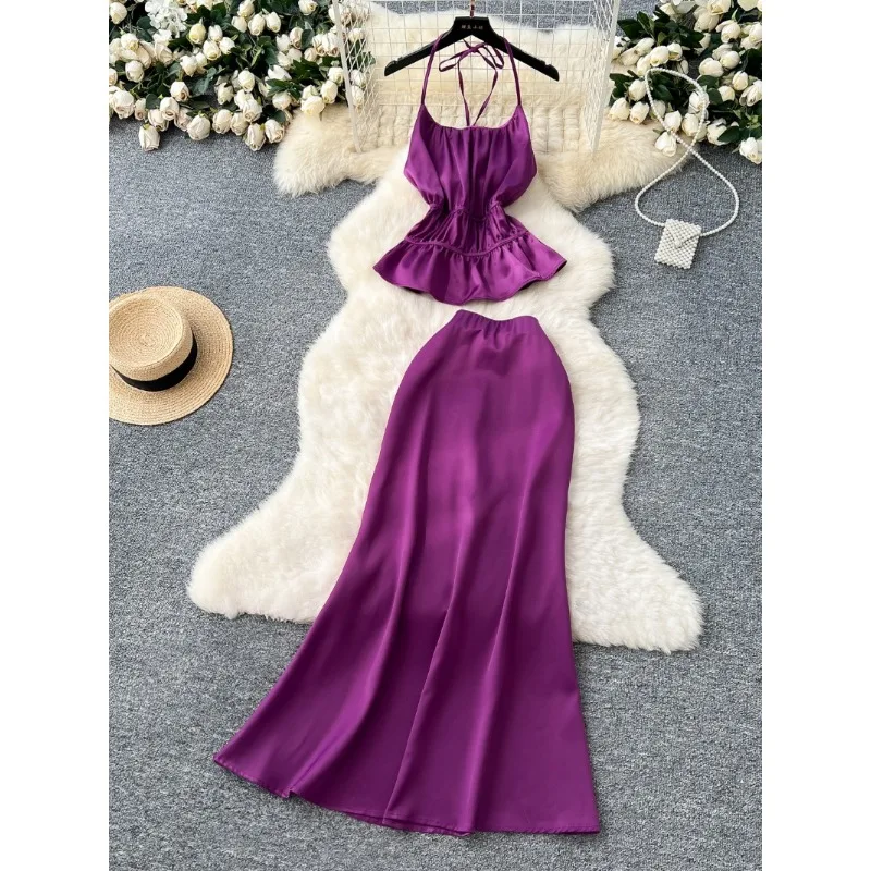 Fashion Light Luxury Two-piece Set Women Sexy Tight Waist Halter Strap Backless Sling Tops High Waist Satin Skirt Elegant
Fashion Light Luxury Two-piece Set Women Sexy Tight Waist Halter Strap Backless Sling Tops High Waist Satin Skirt Elegant