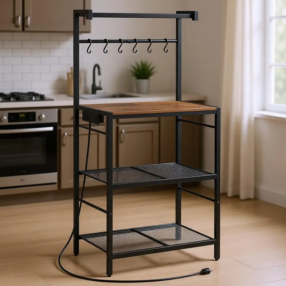 Rustic Brown Kitchen Storage Rack with Power Outlet and 6 Hooks, 4-Tier Coffee Bar Station
Rustic Brown Kitchen Storage Rack with Power Outlet and 6 Hooks, 4-Tier Coffee Bar Station