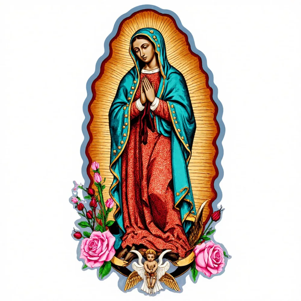Our Lady of Guadalupe Religious Iconography Sticker Radiant Aura with Golden Rays & Blue Border Teal Mantle Red Dress Pink
Our Lady of Guadalupe Religious Iconography Sticker Radiant Aura with Golden Rays & Blue Border Teal Mantle Red Dress Pink