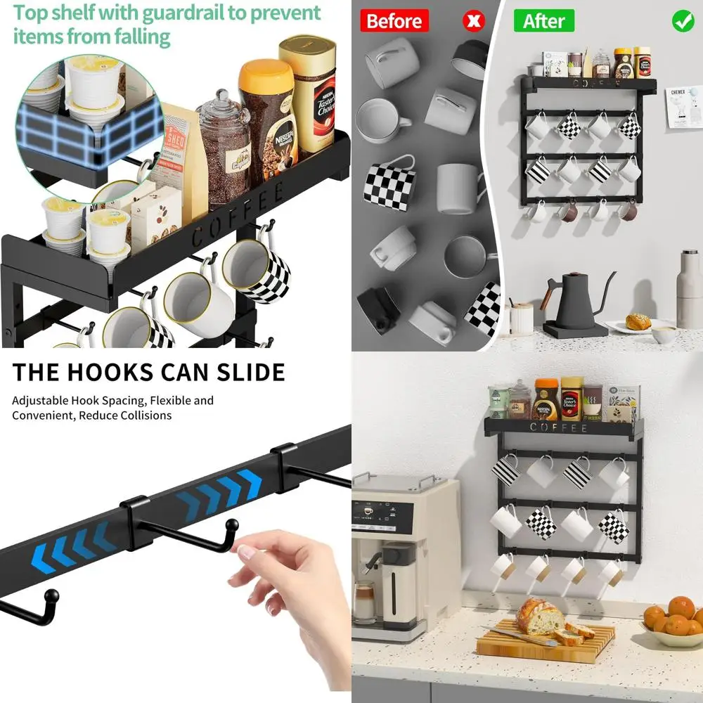 Coee Mug Holder Wall Mounted with 12 Movable Hooks, Metal Coee Cup Holder with Top Shel, Mug Rack Wall Mount or Home Kitchen Dis
Coee Mug Holder Wall Mounted with 12 Movable Hooks, Metal Coee Cup Holder with Top Shel, Mug Rack Wall Mount or Home Kitchen Dis