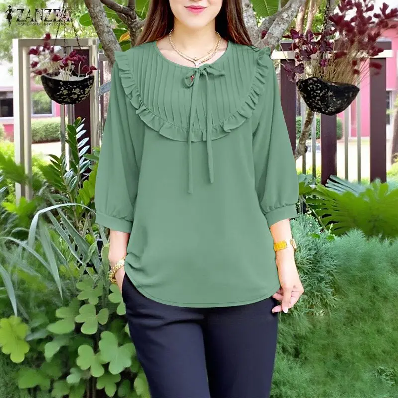 Женская элегантная блузка ZANZEA с рюшами и кружевной отделкой, на шнуровке, с круглым вырезом, рукавами 3/4, однотонная туника, повседневная женская одежда
Женская элегантная блузка ZANZEA с рюшами и кружевной отделкой, на шнуровке, с круглым вырезом, рукавами 3/4, однотонная туника, повседневная женская одежда