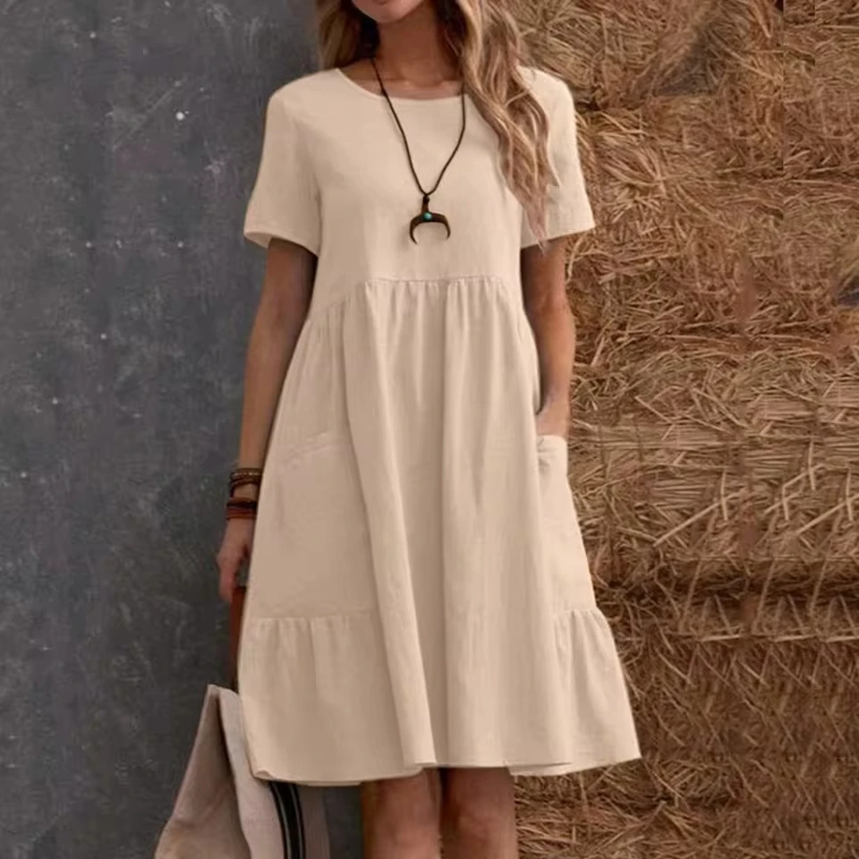 Evening Dresses Outfits Women Fashion Solid Vintage Cotton And Linen Loose Pocket Round Neck Short Sleeve Vestido Mujer Elegante
Evening Dresses Outfits Women Fashion Solid Vintage Cotton And Linen Loose Pocket Round Neck Short Sleeve Vestido Mujer Elegante