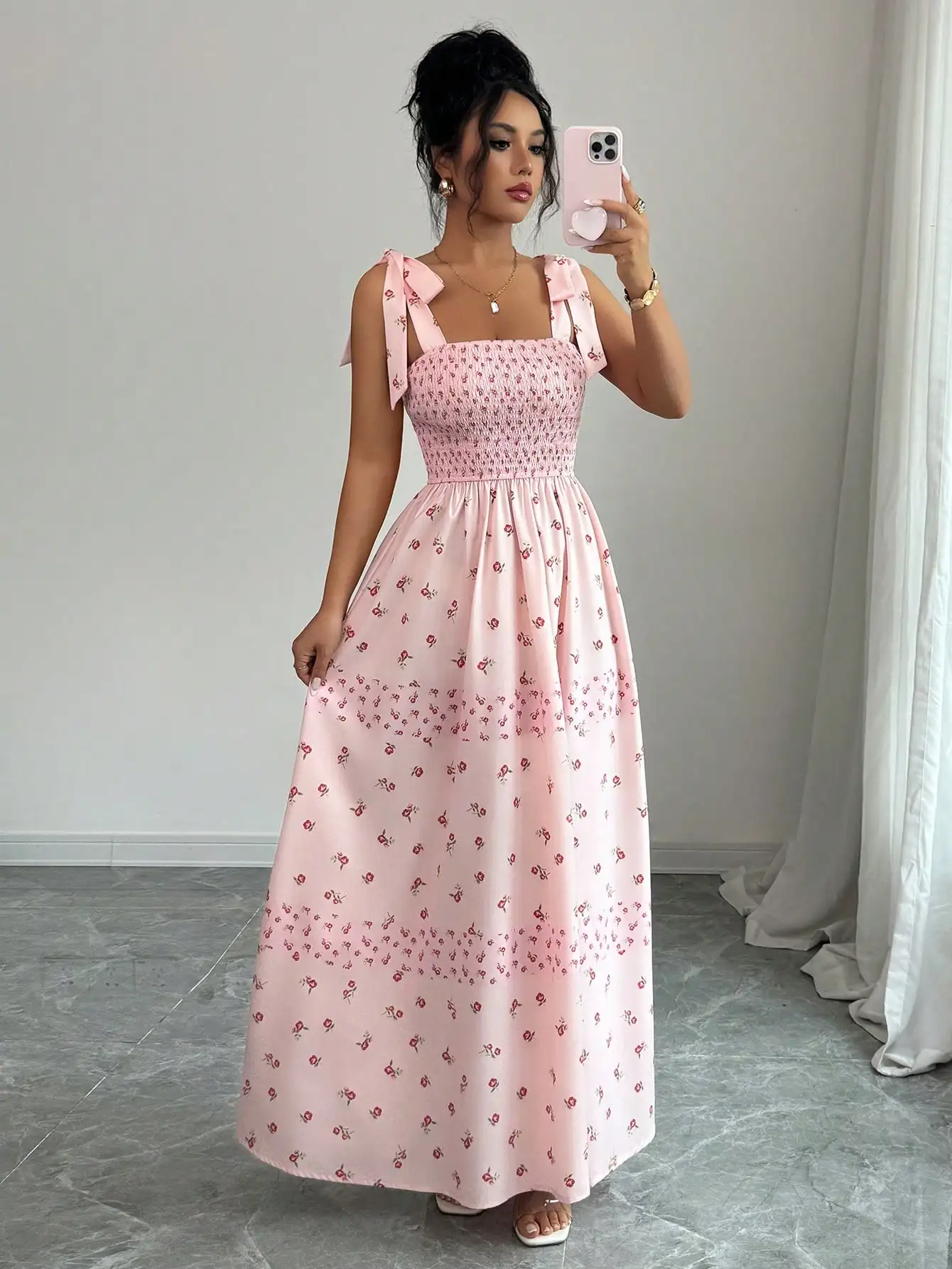 Pink Floral Print Smocked Waist Maxi Dress with Bow Shoulder Straps
Pink Floral Print Smocked Waist Maxi Dress with Bow Shoulder Straps
