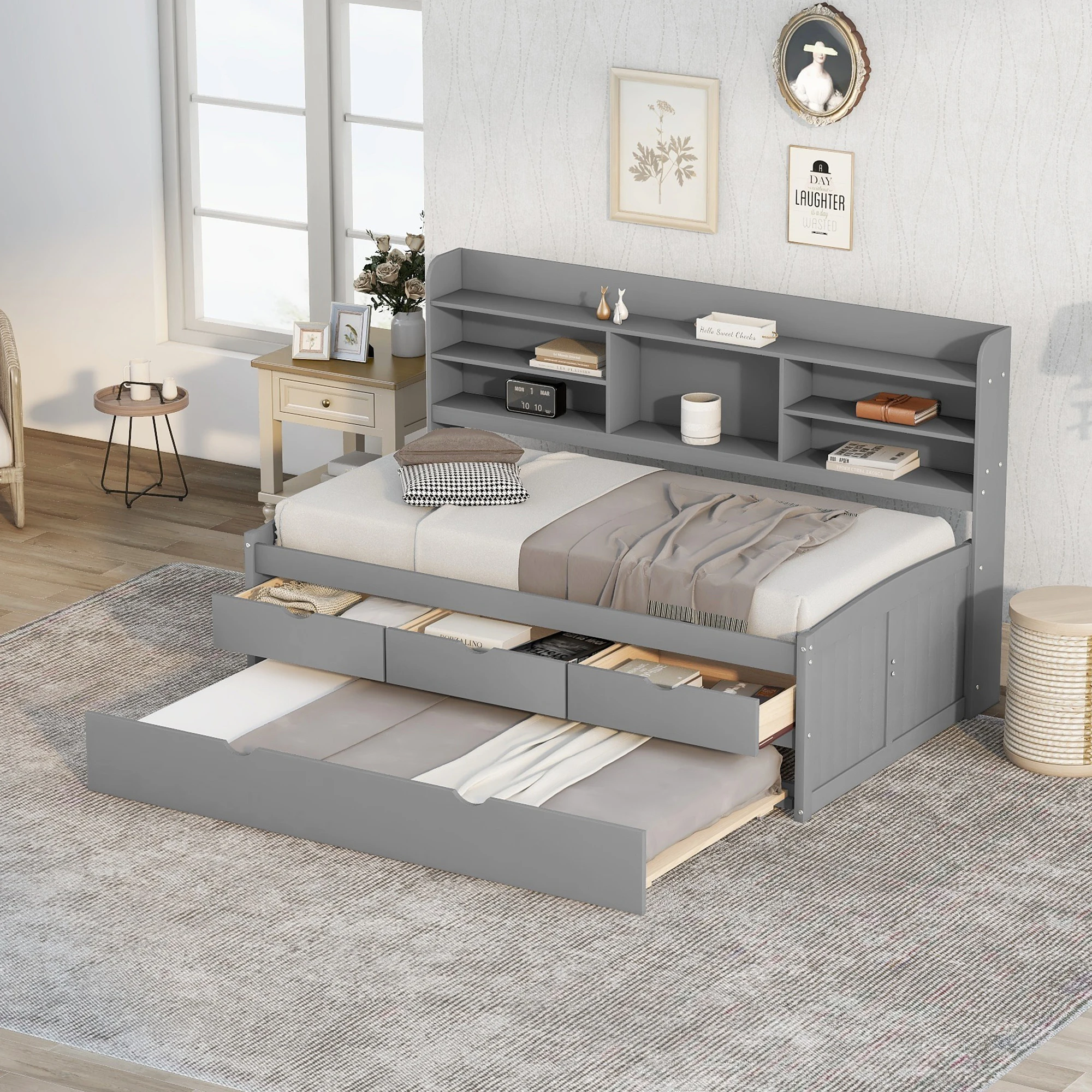 Twin Wooden Captain Bed with Built-in Bookshelves, Three Drawers, Trundle, Light Grey 77.50x88x47.20 in.
Twin Wooden Captain Bed with Built-in Bookshelves, Three Drawers, Trundle, Light Grey 77.50x88x47.20 in.