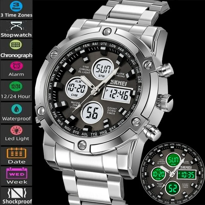 Skmei Military Sports Watches for Mens Analog Digital Display LED Waterproof Chronograph Three Time Zones Quartz Calendar Watch
Skmei Military Sports Watches for Mens Analog Digital Display LED Waterproof Chronograph Three Time Zones Quartz Calendar Watch