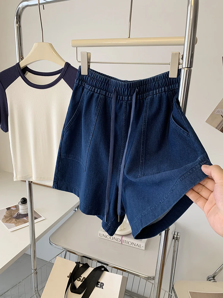 Denim Shorts for Women Dark Blue Elastic High Waist Drawstring A-line Jeans Summer 2024 Thin Loose Wide leg Denim Shorts
Denim Shorts for Women Dark Blue Elastic High Waist Drawstring A-line Jeans Summer 2024 Thin Loose Wide leg Denim Shorts