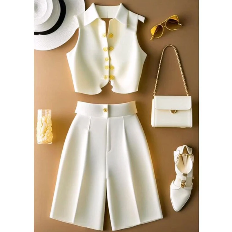 Summer Simplicity Office Lady Solid Color Polo Collar Sleeveless Tops Women Fashion Temperament All-match Shorts Two-piece Set
Summer Simplicity Office Lady Solid Color Polo Collar Sleeveless Tops Women Fashion Temperament All-match Shorts Two-piece Set