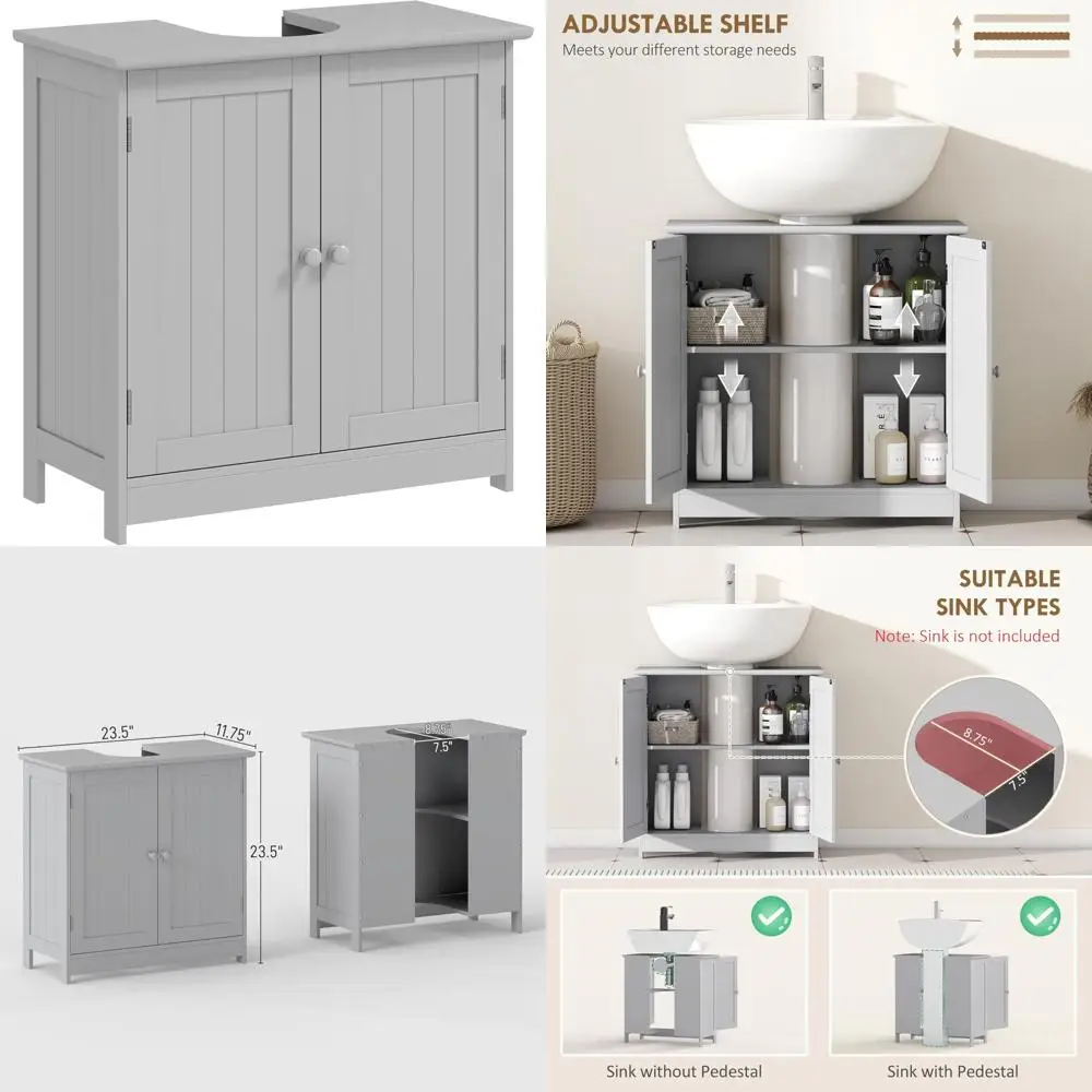 Шкаф для хранения в ванной комнате с раковиной на пьедестале, 2-дверный U-образный дизайн, светло-серая отделка, органайзер под раковину
Шкаф для хранения в ванной комнате с раковиной на пьедестале, 2-дверный U-образный дизайн, светло-серая отделка, органайзер под раковину