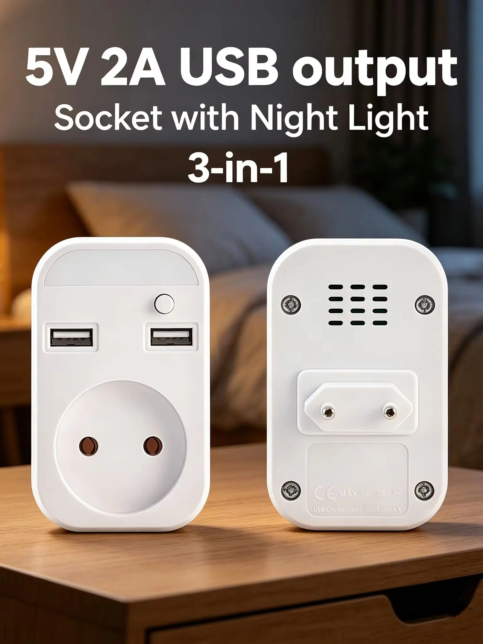 EU Plug Adapter with EU Socket 2 USB Ports 5V 2A with Night Light 3‑in‑1 Power Outlet DZ-01
EU Plug Adapter with EU Socket 2 USB Ports 5V 2A with Night Light 3‑in‑1 Power Outlet DZ-01