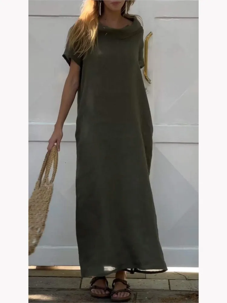 Summer New Cotton Linen Solid Color Dress Casual Versatile Loose Pile Collar Short Sleeved Long Skirt For Women
Summer New Cotton Linen Solid Color Dress Casual Versatile Loose Pile Collar Short Sleeved Long Skirt For Women