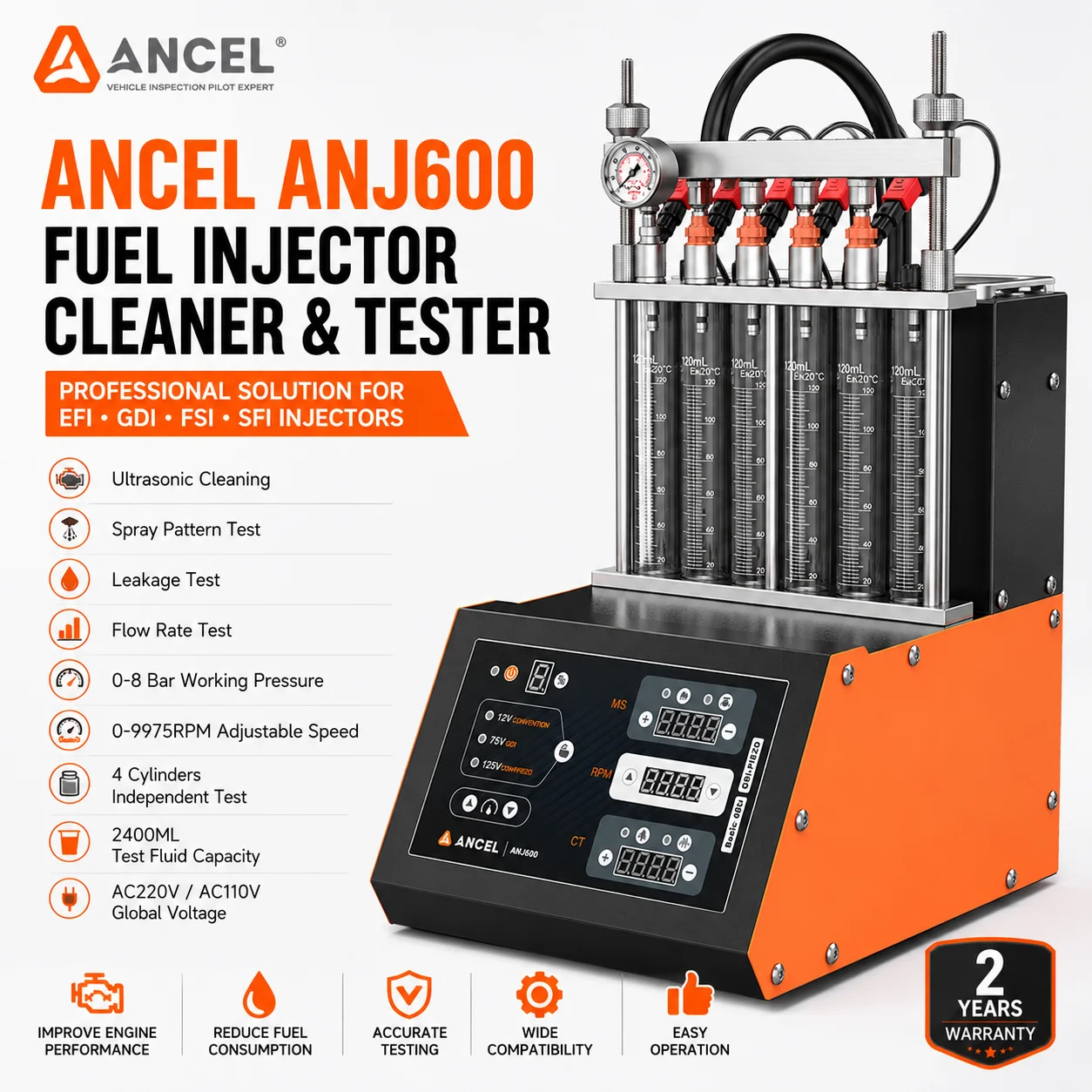 ANCEL ANJ600 6 Cylinders Fuel Injector Cleaner Tester Machine GDI EFI Piezo Injector Ultrasonic Cleaning Car Automotive Tool
ANCEL ANJ600 6 Cylinders Fuel Injector Cleaner Tester Machine GDI EFI Piezo Injector Ultrasonic Cleaning Car Automotive Tool
