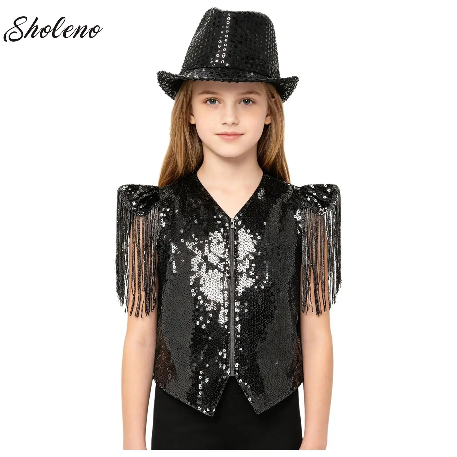 Kids Girls Boys Hippie Fringe Waistcoat Disco Jazz Modern Dance Hat Tassel Sleeveless Sequins Vest Choir Performance Clothes Set
Kids Girls Boys Hippie Fringe Waistcoat Disco Jazz Modern Dance Hat Tassel Sleeveless Sequins Vest Choir Performance Clothes Set