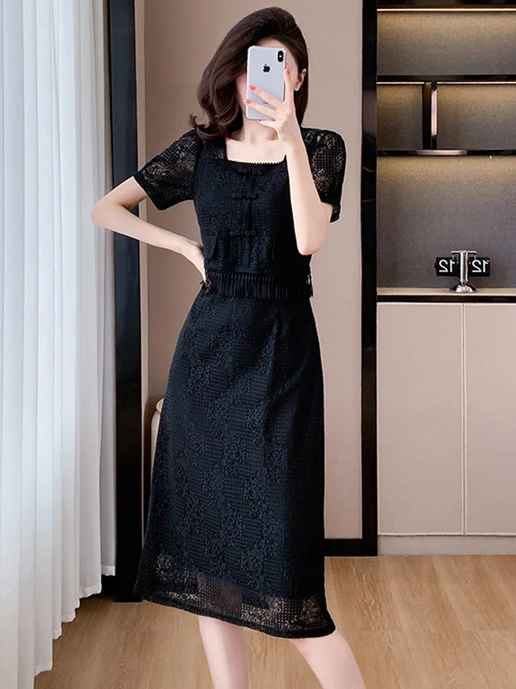 Chinese Style Fashion Sweet Tassel Lace Fake Two Piece Set Suits Embroidery Square Collar Knee Lengh Women's Midi Dress
Chinese Style Fashion Sweet Tassel Lace Fake Two Piece Set Suits Embroidery Square Collar Knee Lengh Women's Midi Dress