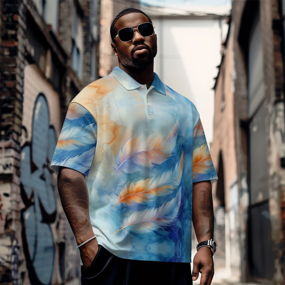 Large men's summer short sleeved lapel Colorful feather print short sleeve Daily casual button polo shirt
Large men's summer short sleeved lapel Colorful feather print short sleeve Daily casual button polo shirt
