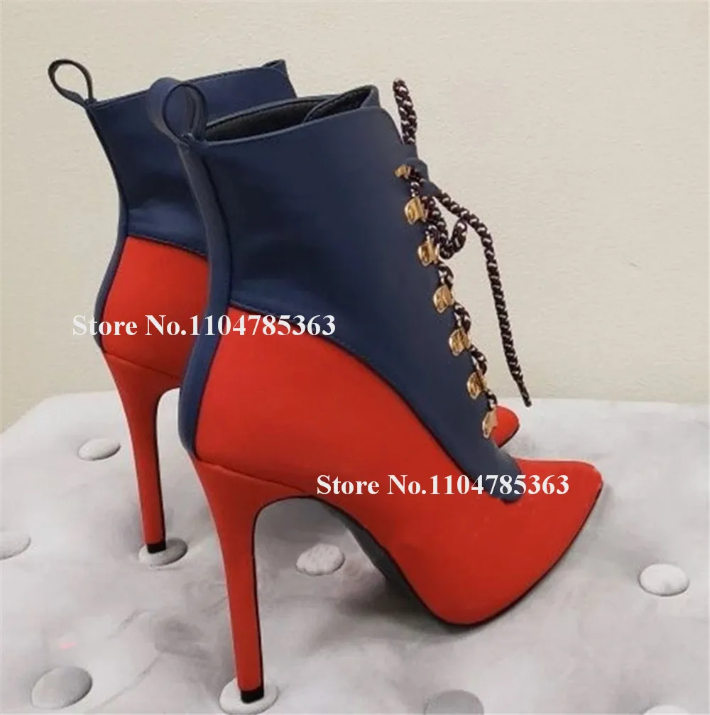 Western Fashion Patchwork Leather Stiletto Heel Short Boots Pointed Toe Red-blue Lace-up Buckles Thin Heel Ankle Booties
Western Fashion Patchwork Leather Stiletto Heel Short Boots Pointed Toe Red-blue Lace-up Buckles Thin Heel Ankle Booties
