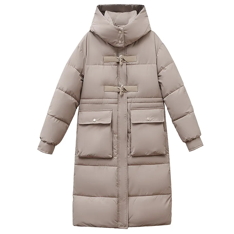Lady's Winter Parka Jacket Solid Horn Toggle Buttons Big Pockets Hooded Female's Padded Coat Long Over-the-knee Top For Women
Lady's Winter Parka Jacket Solid Horn Toggle Buttons Big Pockets Hooded Female's Padded Coat Long Over-the-knee Top For Women