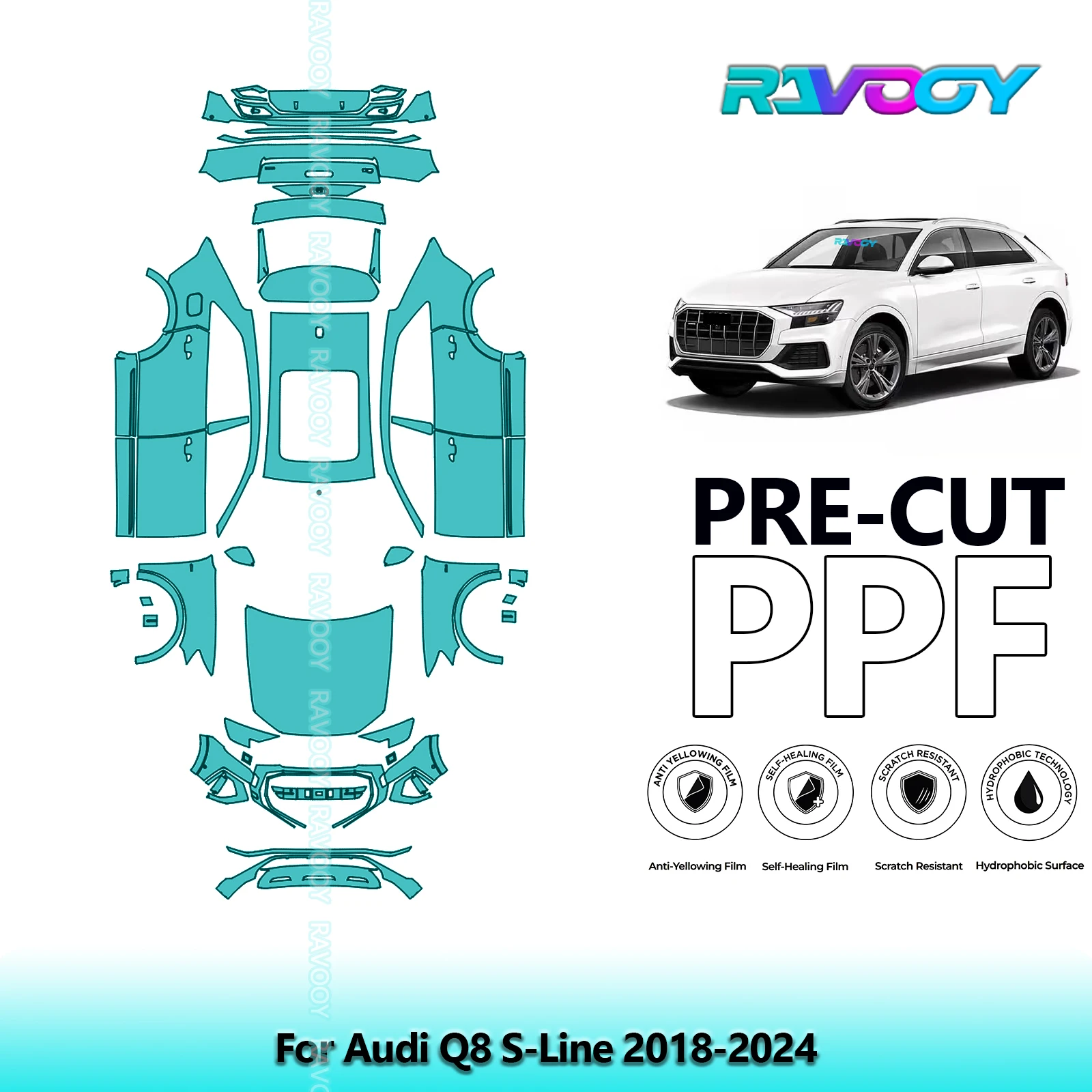 Full Vehicle Clear Bra Precut PPF Paint Protection Film For Audi Q8 S-Line 2018-2024
Full Vehicle Clear Bra Precut PPF Paint Protection Film For Audi Q8 S-Line 2018-2024
