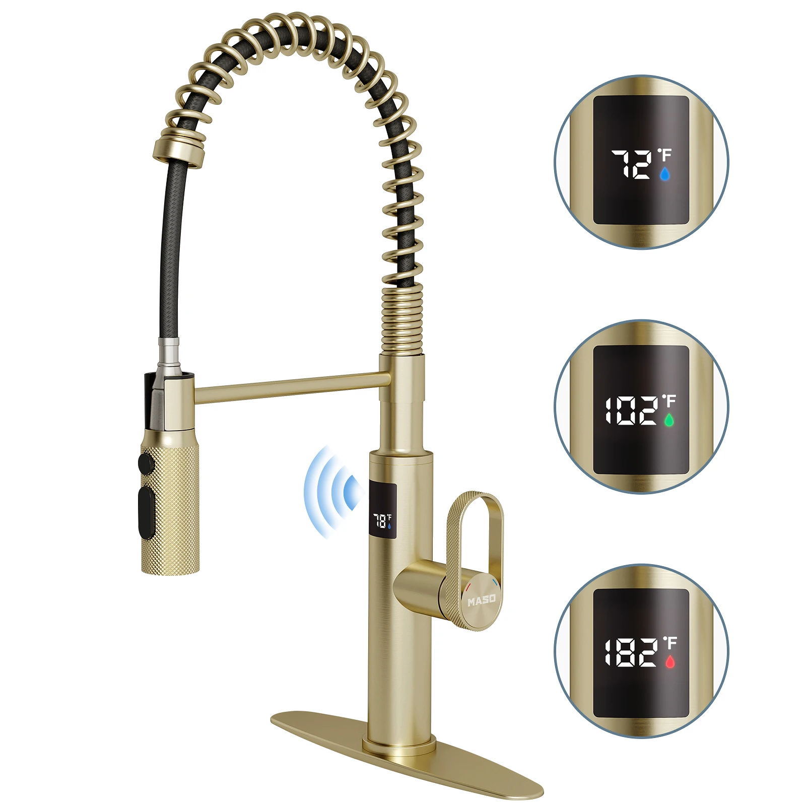 MASO Touchless Spring Kitchen Faucet, Pull-Down, 3 Spray Modes, Temp Display °F, 360° Swivel, Single Handle, Brushed Gold
MASO Touchless Spring Kitchen Faucet, Pull-Down, 3 Spray Modes, Temp Display °F, 360° Swivel, Single Handle, Brushed Gold