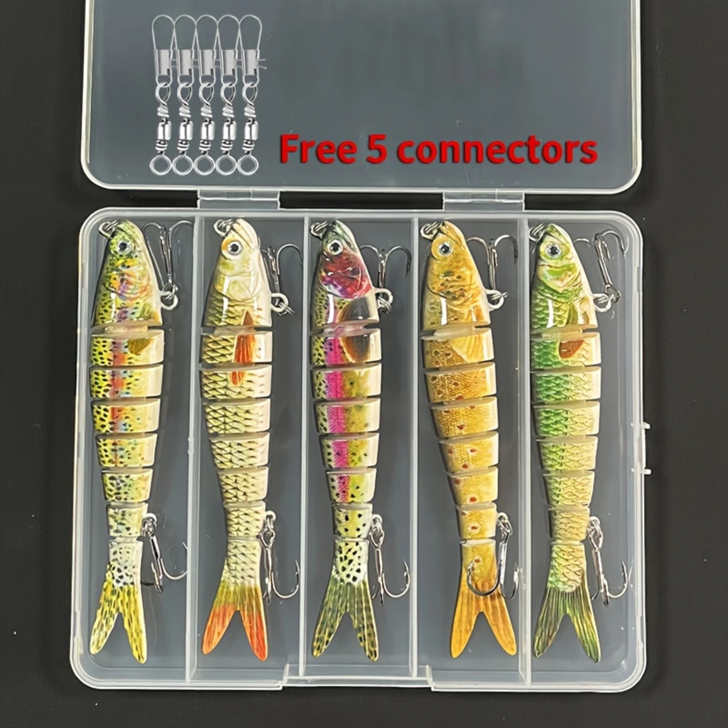 5pcs Premium Multi-Section Artificial Fishing Lures - Sharp Hook, Realistic Bionic Design, 5 Snap Swivels - Effective for Catchi
5pcs Premium Multi-Section Artificial Fishing Lures - Sharp Hook, Realistic Bionic Design, 5 Snap Swivels - Effective for Catchi