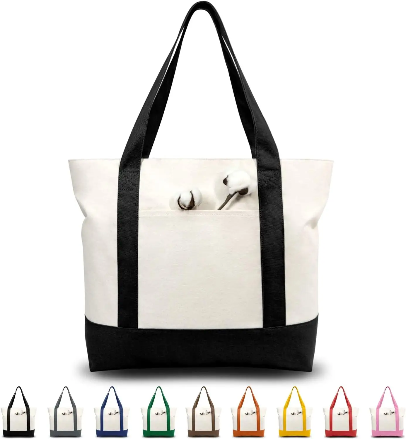 Reusable Canvas Tote Bag with Zipper, External Pocket - Black/Natural, Pack of 1
Reusable Canvas Tote Bag with Zipper, External Pocket - Black/Natural, Pack of 1