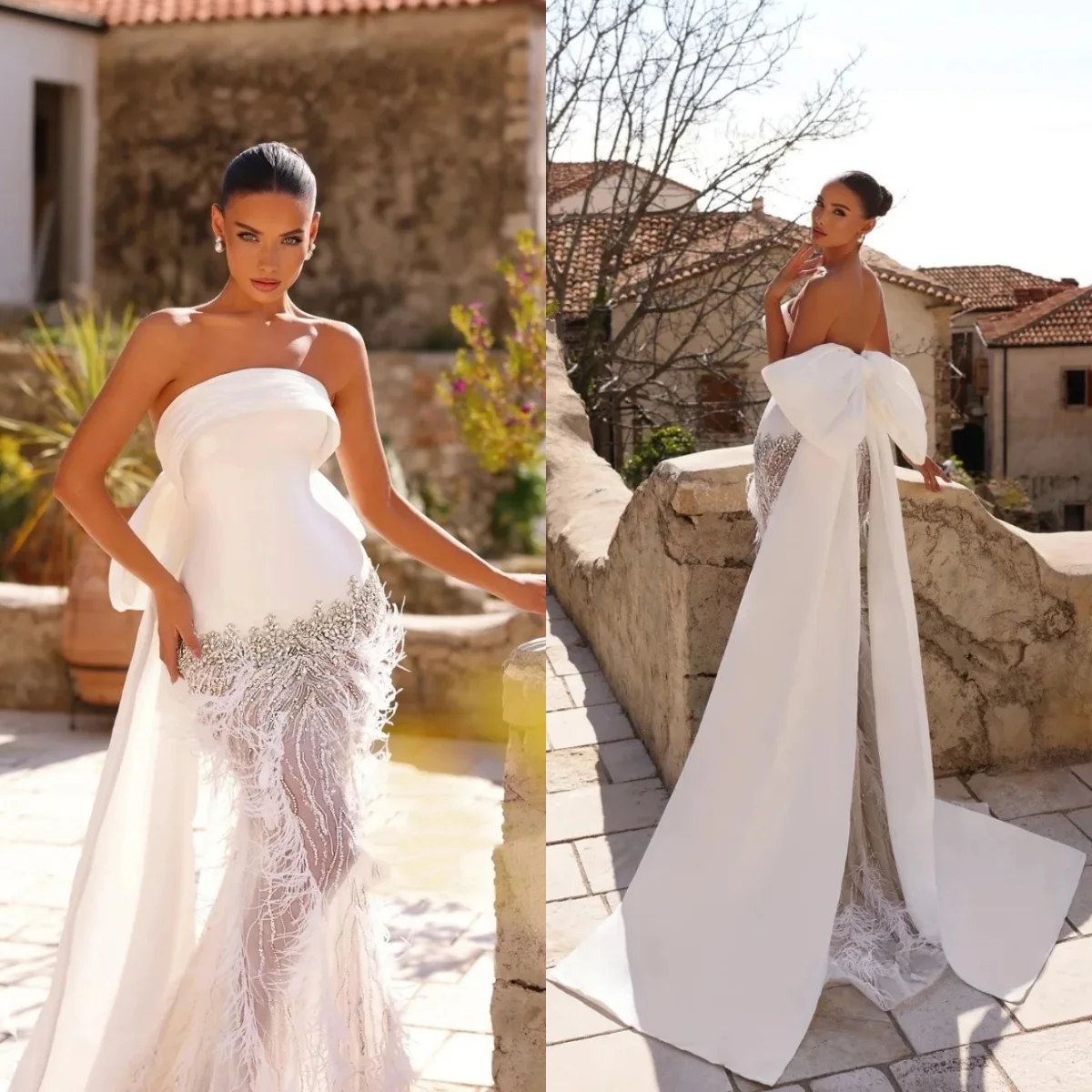 Gorgeous Crystal Feather Wedding Dresses Strapless Bridal Gowns Bow Illusion Sleeveless Mermaid Customized Vestidos De Novia
Gorgeous Crystal Feather Wedding Dresses Strapless Bridal Gowns Bow Illusion Sleeveless Mermaid Customized Vestidos De Novia