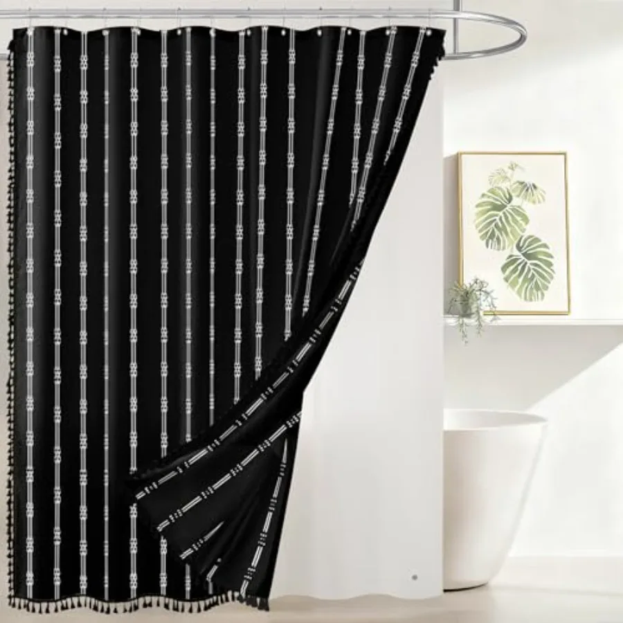 Linen Texture 3 in 1 Farmhouse Shower Curtain Set with Tassel, Boho Fabric Shower Curtains for Bathroom, Black, 72W x 96L
Linen Texture 3 in 1 Farmhouse Shower Curtain Set with Tassel, Boho Fabric Shower Curtains for Bathroom, Black, 72W x 96L