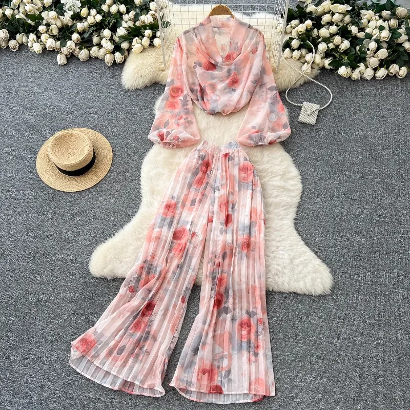 Casual Swing Neck Full Lantern Sleeve Printed Shirts+Elastic High Waist pleated Pants 2-Piece Set for Women Summer Pants Suit
Casual Swing Neck Full Lantern Sleeve Printed Shirts+Elastic High Waist pleated Pants 2-Piece Set for Women Summer Pants Suit