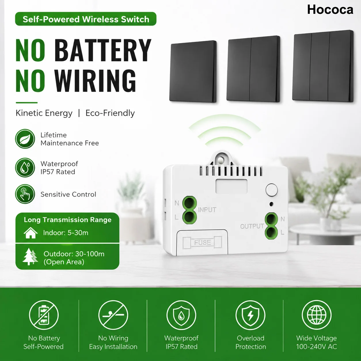 Hococa RF433Mhz Wireless Kinetic Wall Light Switch 10A AC100-240V Energy Saving No Battery No Wiring Installation
Hococa RF433Mhz Wireless Kinetic Wall Light Switch 10A AC100-240V Energy Saving No Battery No Wiring Installation