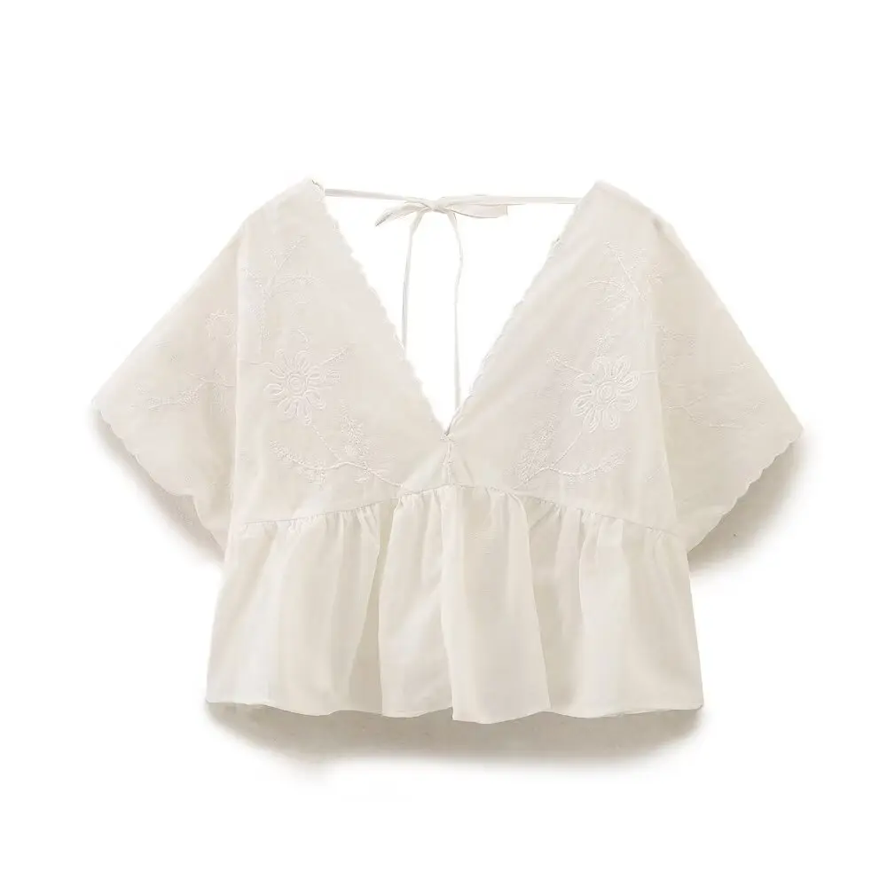 Women's 2024 summer V-neck flower embroidery lace-up solid color loose casual jacket
Women's 2024 summer V-neck flower embroidery lace-up solid color loose casual jacket