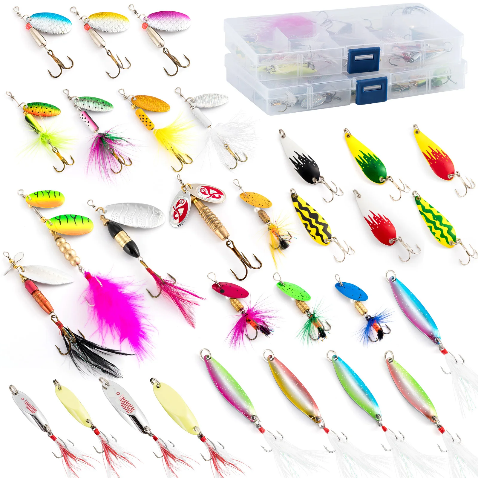 30pcs Fishing Lures Spinner Spoon with Rooster Tail Metal Jig 2 Boxes for Wobbler Crankbait Trolling Lure for Bass
30pcs Fishing Lures Spinner Spoon with Rooster Tail Metal Jig 2 Boxes for Wobbler Crankbait Trolling Lure for Bass