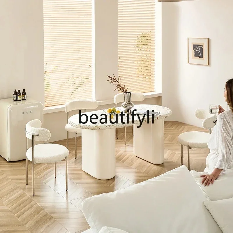 yj57 French cream feng shui grinding stone dining table and chair combination household oval light luxury marble dining table
yj57 French cream feng shui grinding stone dining table and chair combination household oval light luxury marble dining table