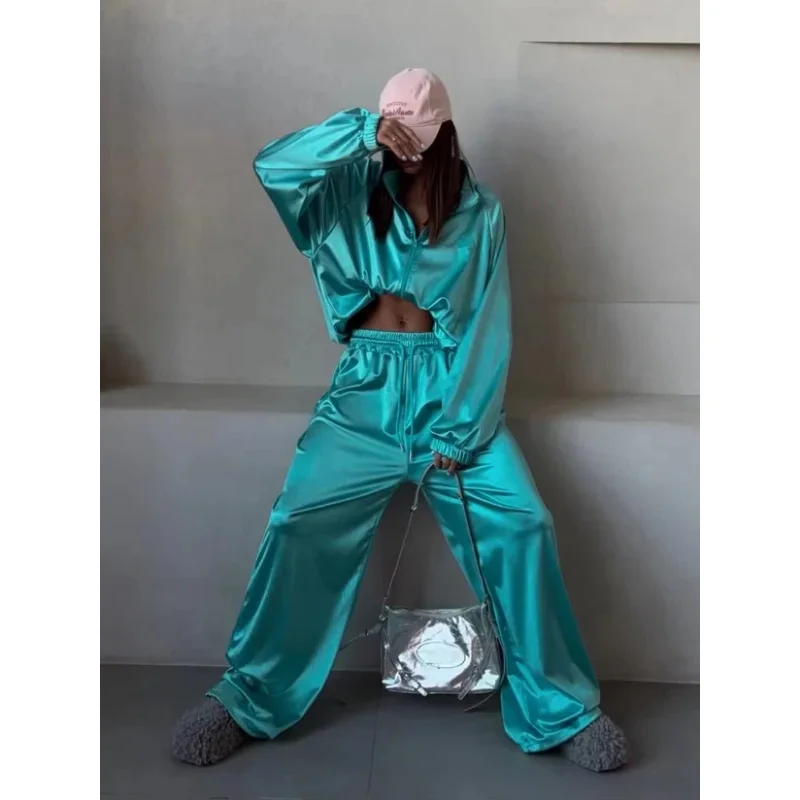 Fashion Women's Satin Jacket Pants Sets Casual Loose Stand Collar Zip Sweatshirt Drawstring Wide-leg Pants 2026 Lady Tracksuits
Fashion Women's Satin Jacket Pants Sets Casual Loose Stand Collar Zip Sweatshirt Drawstring Wide-leg Pants 2026 Lady Tracksuits