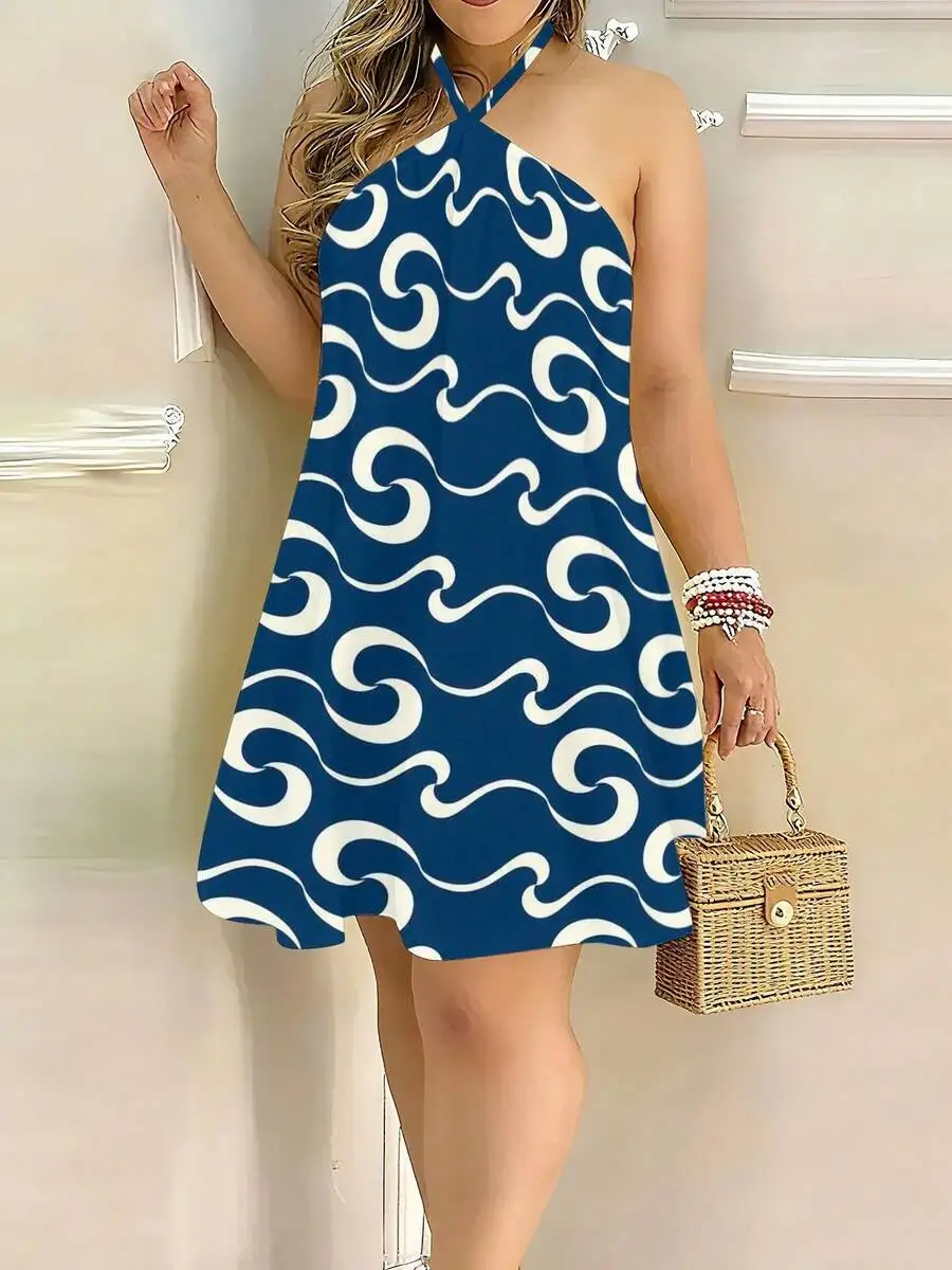 Womens Backless Halter Dress Blue White Wave Print Casual Loose Vacation Dress
Womens Backless Halter Dress Blue White Wave Print Casual Loose Vacation Dress