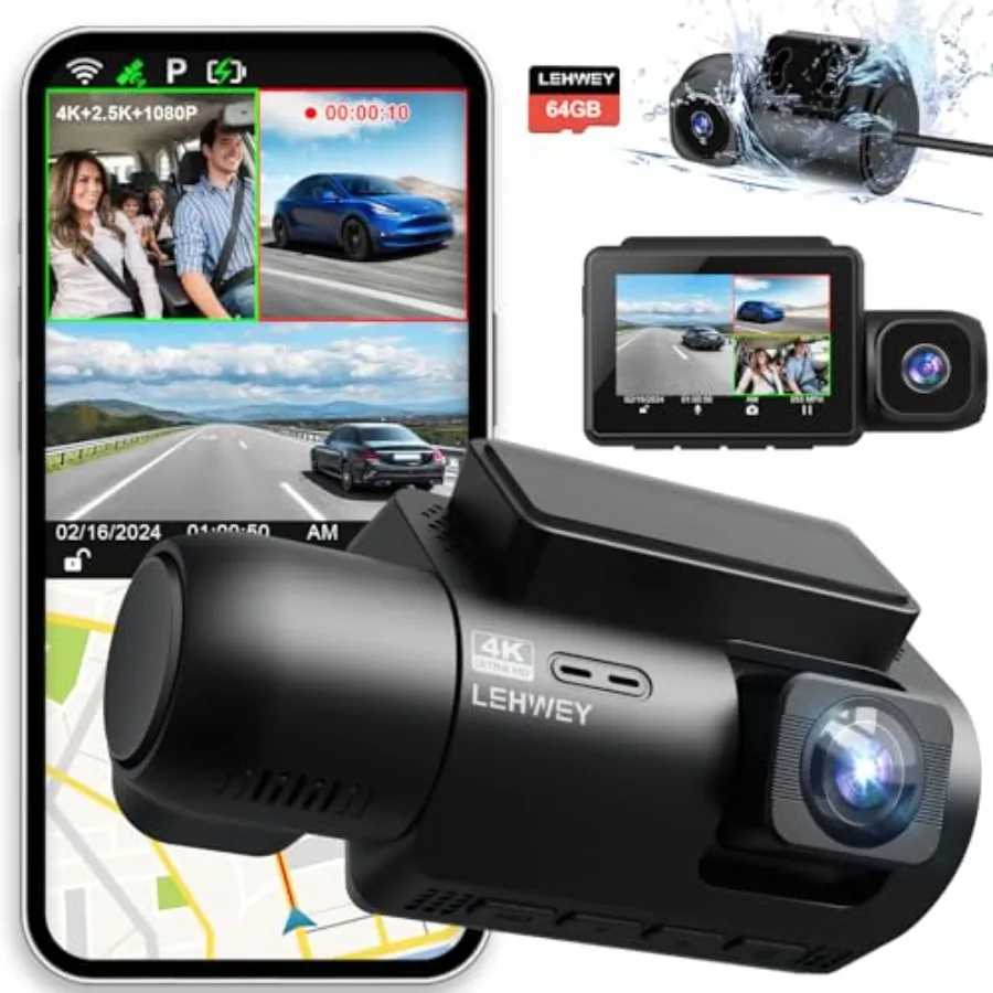 Dash Cam Camera For Cars: 3 Channel 4K/2160P+1440P+1080P, Front/Rear/Inside, Black ABS Plastic, Built-in WiFi/GPS, Night Vision
Dash Cam Camera For Cars: 3 Channel 4K/2160P+1440P+1080P, Front/Rear/Inside, Black ABS Plastic, Built-in WiFi/GPS, Night Vision